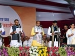 (L-R) JD(U) leader Mohammad Zama Khan, BJP leaders Sanjay Singh Tiger, Arun Shankar Prasad, Surendra Mehta and Rama Nishad taking oath during the swearing-in ceremony.