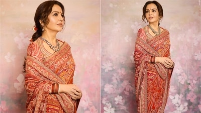 Nita Ambani stuns in Jamawar saree for Shiva temple inauguration in Gujarat. (Instagram/@taruntahiliani) Nita Ambani stuns in Jamawar saree for Shiva temple inauguration in Gujarat. (Instagram/@taruntahiliani)
