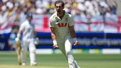 Australia's Mitchell Starc celebrates after taking the wicket of England's Zak Crawley (REUTERS)