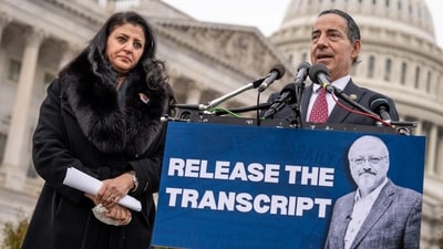 Rep. Jamie Raskin, D-Md., right, speaks during a news conference with Hanan El-Atr Khashoggi, the widow of slain journalist Jamal Khashoggi, as they call on President Donald Trump to release the transcript of a call he had with Saudi Crown Prince Mohammed bin Salman after Khashoggi's killing, at the Capitol in Washington, Friday, Nov. 21, 2025. (AP) Rep. Jamie Raskin, D-Md., right, speaks during a news conference with Hanan El-Atr Khashoggi, the widow of slain journalist Jamal Khashoggi, as they call on President Donald Trump to release the transcript of a call he had with Saudi Crown Prince Mohammed bin Salman after Khashoggi's killing, at the Capitol in Washington, Friday, Nov. 21, 2025. (AP)