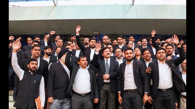 Members of Jammu & Kashmir high court Bar Association during protest against the recent enforcement of the Jammu and Kashmir Tenancy Act, 2025 and other issues, in Jammu, on Friday. (PTI) Members of Jammu & Kashmir high court Bar Association during protest against the recent enforcement of the Jammu and Kashmir Tenancy Act, 2025 and other issues, in Jammu, on Friday. (PTI)