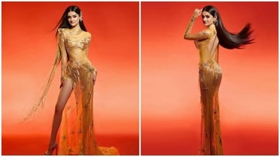 Manika Vishwakarma at the Miss Universe 2025 ceremony wore a stunning golden gown, and looked radiant and majestic. (Instagram/ nhamot_9192) Manika Vishwakarma at the Miss Universe 2025 ceremony wore a stunning golden gown, and looked radiant and majestic. (Instagram/ nhamot_9192)