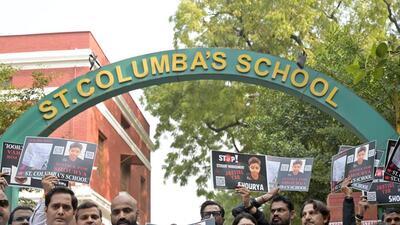 Parents hold a protest outside St Columba's School on Friday. (Sanjeev Verma/HT Photo) Parents hold a protest outside St Columba's School on Friday. (Sanjeev Verma/HT Photo)