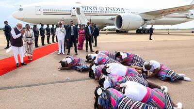 Prime Minister Narendra Modi receives a ceremonial welcome as he reaches in Johannesburg for the G20 Summit to be held from November 22- 23, on Friday. (@PMOIndia X)