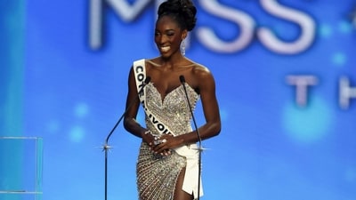 Olivia Yacé of Côte d’Ivoire - who finished as the 4th runner-up - dazzled in a shimmering silver gown adorned with cascading beadwork and a daring thigh-high slit. (REUTERS)