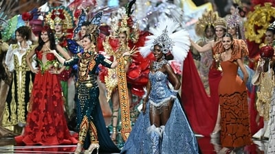 Miss Angola Maria Da Cunha (front R) walks on stage with other contestants during the 2025 Miss Universe national costume presentation in Nonthaburi, north of Bangkok, on November 19, 2025. (Photo by Lillian SUWANRUMPHA / AFP) (AFP) Miss Angola Maria Da Cunha (front R) walks on stage with other contestants during the 2025 Miss Universe national costume presentation in Nonthaburi, north of Bangkok, on November 19, 2025. (Photo by Lillian SUWANRUMPHA / AFP) (AFP)