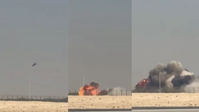 Black smoke rose over the Al Maktoum International Airport at Dubai World Central as spectators looked on. (X/PTI) Black smoke rose over the Al Maktoum International Airport at Dubai World Central as spectators looked on. (X/PTI)