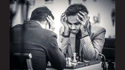 That’s the equivalent of hysterics in the chess world!: India’s Arjun Erigaisi and Hungary’s Peter Leko at the ongoing FIDE world cup in Goa. (Michal Walusza for FIDE) That’s the equivalent of hysterics in the chess world!: India’s Arjun Erigaisi and Hungary’s Peter Leko at the ongoing FIDE world cup in Goa. (Michal Walusza for FIDE)