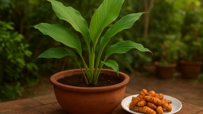 Fresh turmeric leaves rising from a deep pot in soft morning light, bringing warm colour and quiet charm to a small home garden. (Ai Generated) Fresh turmeric leaves rising from a deep pot in soft morning light, bringing warm colour and quiet charm to a small home garden. (Ai Generated)