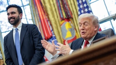 US President Donald Trump and New York City Mayor-elect Zohran Mamdani react as they speak to members of the media in the Oval Office at the White House in Washington, DC, US, November 21, 2025 (REUTERS)