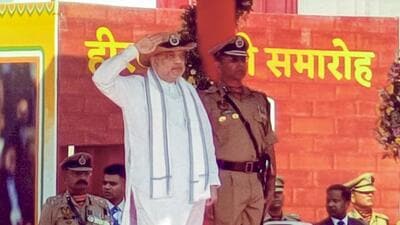 Union home minister Amit Shah at Border Security Force (BSF) Diamond Jubilee (61st Raising Day) celebrations in Bhuj, Gujarat. (@BSF_India) Union home minister Amit Shah at Border Security Force (BSF) Diamond Jubilee (61st Raising Day) celebrations in Bhuj, Gujarat. (@BSF_India)