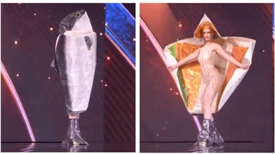 Leonora Lysglimt-Rødland was dressed like a Norewegian salmon in the Miss Universe prelims round. Leonora Lysglimt-Rødland was dressed like a Norewegian salmon in the Miss Universe prelims round.