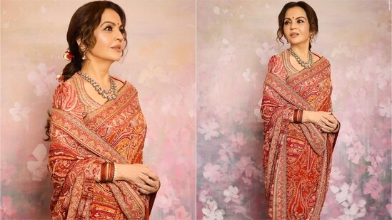Nita Ambani stuns in Jamawar saree for Shiva temple inauguration in Gujarat. (Instagram/@taruntahiliani)