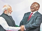 Prime Minister Narendra Modi being welcomed by South African President Cyril Ramaphosa upon his arrival to attend the G20 Leaders' Summit, in Johannesburg, South Africa. Prime Minister Narendra Modi being welcomed by South African President Cyril Ramaphosa upon his arrival to attend the G20 Leaders' Summit, in Johannesburg, South Africa.
