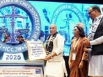 Defence minister Rajnath Singh at the International Conference of Chief Justices of the World in Lucknow on Friday. (HT PHOTO)