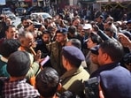 Police and district administration officials during talks with the protesters outside the Sanjauli police station, in Shimla on Friday. (Deepak Sansta/HT) Police and district administration officials during talks with the protesters outside the Sanjauli police station, in Shimla on Friday. (Deepak Sansta/HT)