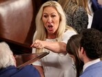 FILE PHOTO: U.S. Representative Marjorie Taylor Greene (R-GA) gestures, on the first day of the 119th Congress at the U.S. Capitol in Washington, U.S.,January 3, 2025. REUTERS/Evelyn Hockstein/File Photo