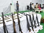 Weapons and ammunition deposited by 37 surrendered Maoists at an event at the DGP office in Hyderabad on Saturday. (ANI) Weapons and ammunition deposited by 37 surrendered Maoists at an event at the DGP office in Hyderabad on Saturday. (ANI)