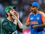 Salman Ali Agha of Pakistan and Suryakumar Yadav of India. Salman Ali Agha of Pakistan and Suryakumar Yadav of India.