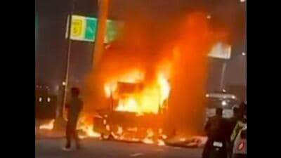 A video grab of the truck in flames in Ludhiana on Saturday. (HT Photo)
