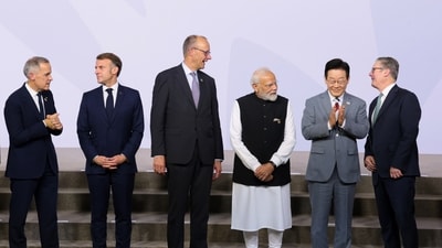 India's Prime Minister Narendra Modi as leaders pose for a group photo, on the opening day of the G20 Leaders' Summit, in Johannesburg, South Africa, Saturday, Nov. 22, 2025. (AP) India's Prime Minister Narendra Modi as leaders pose for a group photo, on the opening day of the G20 Leaders' Summit, in Johannesburg, South Africa, Saturday, Nov. 22, 2025. (AP)