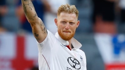 Ben Stokes raises the ball after taking five wickets during the first Ashes match. (AP) Ben Stokes raises the ball after taking five wickets during the first Ashes match. (AP)