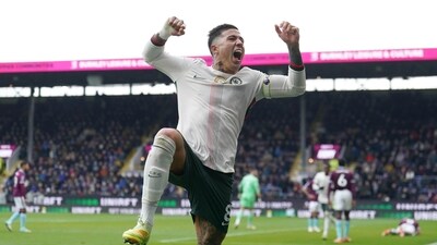 Chelsea's Enzo Fernandez celebrates scoring their side's second goal during the English Premier League soccer match against Burnley (AP)