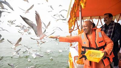 Chief minister Yogi Adityanath feeding seagulls in Prayagraj on Saturday. (ANI) Chief minister Yogi Adityanath feeding seagulls in Prayagraj on Saturday. (ANI)