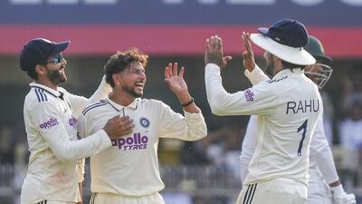 Kuldeep Yadav celebrates with teammates on Day 1 of second Test in Guwahati on Saturday. (PTI) Kuldeep Yadav celebrates with teammates on Day 1 of second Test in Guwahati on Saturday. (PTI)