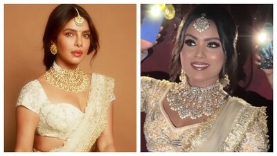 Priyanka Chopra's elegand ivory white lehenga look at Varanasi Hyderabad event was recreated by an infulencer. Priyanka Chopra's elegand ivory white lehenga look at Varanasi Hyderabad event was recreated by an infulencer.