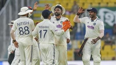 Mohammed Siraj, second from right, celebrates after taking the wicket of South Africa’s Tony de Zorzi on Day 1 of Guwahati Test. (PTI)