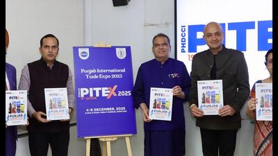 Punjab industries and commerce minister Sanjeev Arora along with Karan Gilhotra, Chair, PHDCCI, Punjab state chapter during the launch of PITEX-2025 logo.