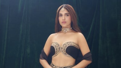 Bhumi Pednekar's black-and-gold lehenga was from the shelves of Masaba Gupta. (Instagram/@bhumisatishpednekkar) Bhumi Pednekar's black-and-gold lehenga was from the shelves of Masaba Gupta. (Instagram/@bhumisatishpednekkar)