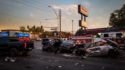 The 12-car crash had taken place around 3:30 pm at the intersection of Cheyenne Avenue and Jones Boulevard, in the northwest alley. (X/@LVMPD) The 12-car crash had taken place around 3:30 pm at the intersection of Cheyenne Avenue and Jones Boulevard, in the northwest alley. (X/@LVMPD)