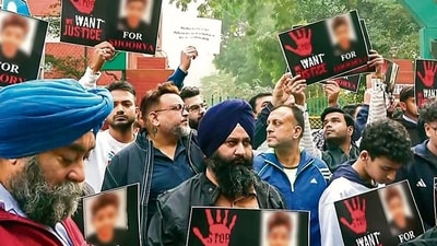 Students and parents hold protests outside the school after a teenage student’s death by suicide at Rajendra Place Metro Station in Delhi. (Photo: ANI) Students and parents hold protests outside the school after a teenage student’s death by suicide at Rajendra Place Metro Station in Delhi. (Photo: ANI)
