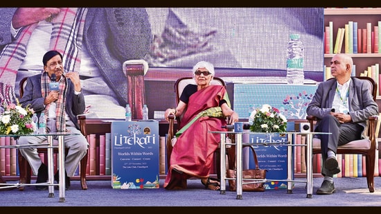 From left: Journalist and political analyst Shahid Siddiqui, columnist Neerja Chowdhury and senior journalist-political commentator Rashid Kidwai during the session ‘Indian democracy: Evolving politics and public discourse’, on Day 1 of the 13th Edition of CLF Literati, being organised by the Chandigarh Literary Society. (SANJEEV SHARMA/HT)