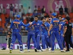 Hardik Pandya celebrates with teammates after their win. Hardik Pandya celebrates with teammates after their win.
