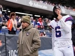 Jaxson Dart #6 of the New York Giants walks off the field after an injury during the fourth quarter in the game against the Chicago Bears at Soldier Field on November 09, 2025 in Chicago, Illinois.