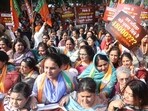 Punjab BJP’s Mahila Morcha state president Jai Inder Kaur along with other members protesting, in Chandigarh. (Sanjeev Sharma/HT) Punjab BJP’s Mahila Morcha state president Jai Inder Kaur along with other members protesting, in Chandigarh. (Sanjeev Sharma/HT)