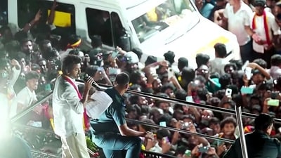 File photo of TVK chief and actor Vijay at the Karur rally before the stampede. (TVK)