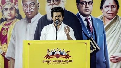 Last month, Vijay met the families of Karur stampede victims at a resort in Mamallapuram. (TVK) Last month, Vijay met the families of Karur stampede victims at a resort in Mamallapuram. (TVK)