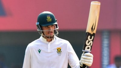South African all-rounder Marco Jansen lifts his bat after completing his half-century during the second day of the second test match between India and South Africa (Abdul Sajid) South African all-rounder Marco Jansen lifts his bat after completing his half-century during the second day of the second test match between India and South Africa (Abdul Sajid)