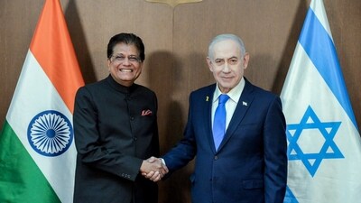 Union Minister Piyush Goyal meets Israel Prime Minister Benjamin Netanyahu at the conclusion of his three-day visit, in Jerusalem on Sunday. (X/@PiyushGoyal) Union Minister Piyush Goyal meets Israel Prime Minister Benjamin Netanyahu at the conclusion of his three-day visit, in Jerusalem on Sunday. (X/@PiyushGoyal)