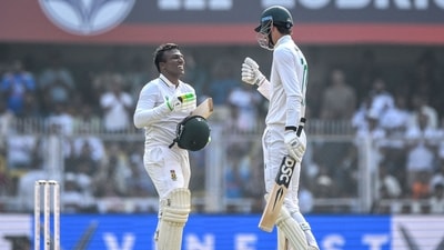 Senuran Muthusamy notched up his maiden Test hundred, while Marco Jansen powered a crucial 93 as South Africa piled on a dominant 489 all out on day two of the second Test against India. (AFP) Senuran Muthusamy notched up his maiden Test hundred, while Marco Jansen powered a crucial 93 as South Africa piled on a dominant 489 all out on day two of the second Test against India. (AFP)