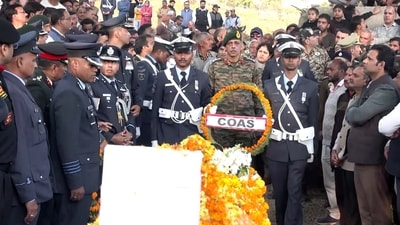 Colleagues and family of late IAF wing commander Namansh Syal gather at his residence in Kangra on Sunday. (ANI Video Grab) Colleagues and family of late IAF wing commander Namansh Syal gather at his residence in Kangra on Sunday. (ANI Video Grab)