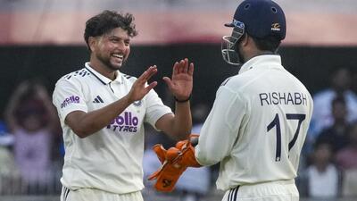 Kuldeep Yadav celebrates after dismissing South Africa's Marco Jansen during Day 2 of the second Test in Guwahati. (PTI)