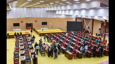 Preparations underway for the special Punjab assembly session in Anandpur Sahib. (PTI) Preparations underway for the special Punjab assembly session in Anandpur Sahib. (PTI)