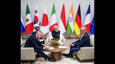Prime Minister Narendra Modi meets Australian Prime Minister Anthony Albanese and Canadian Prime Minister Mark Carney on the sidelines of the G20 Summit in Johannesburg on Saturday. (@MarkJCarney) Prime Minister Narendra Modi meets Australian Prime Minister Anthony Albanese and Canadian Prime Minister Mark Carney on the sidelines of the G20 Summit in Johannesburg on Saturday. (@MarkJCarney)