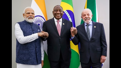 Prime Minister Narendra Modi with South African President Cyril Ramaphosa (centre) and Brazilian President Luiz Inacio Lula da Silva during IBSA Leaders' meeting in Johannesburg, South Africa. (PMO) Prime Minister Narendra Modi with South African President Cyril Ramaphosa (centre) and Brazilian President Luiz Inacio Lula da Silva during IBSA Leaders' meeting in Johannesburg, South Africa. (PMO)