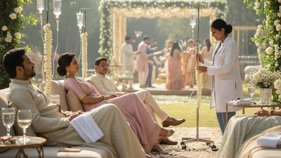 An AI-generated image shows guests receiving IV infusions at a wedding (Skulpted by Kan)